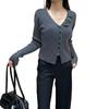 2026 Nuevo Estilo Otoño Estilo Perezoso Floral Cuello en V Manga Larga Color Sólido Cardigan de Punto Top Adelgazante para Mujer