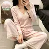 Pijama de Verano para Mujer con Sujetador Incorporado Ribete de Encaje Nube Manga Larga Pantalones Largos Dulces para Mujer Ropa de Casa Venta al por Mayor Transfronteriza