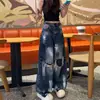 Calça jeans de bainha curva com estampa graffiti rasgada estilo americano para homens e mulheres, novo design de primavera e outono, calça comprida de cintura alta e perna larga