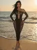Amazon Europa América Encaje Jacquard Retro Transparente Estampado Floral Manga Larga Malla Vestido Tendencia Callejera Sexy Ajustado