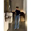 Calça jeans flare estilo casual americano retrô, de corte solto, modeladora e versátil, nova calça disponível para transmissão ao vivo e distribuição