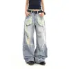 Jeans unisex de pierna recta, rotos, de color claro, lavados y desgastados, de pierna ancha, holgados, de longitud hasta el suelo, estilo retro americano, transfronterizos