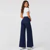 Pantalones Largos Casuales Sueltos de Pierna Ancha de Punto de Cintura Alta con Hebilla Diagonal Irregular Estilo Europeo y Americano Elásticos en Cuatro Direcciones Denim Suave para Mujer