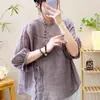 Blusa Feminina Retro de Algodão e Linho com Amarração Gola Redonda Nova de Verão com Botões Laterais Caimento Solto Temperamento Literário Manga de Cinco Pontas