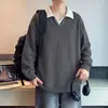 Outono de 2027 Novo Tecido Jacquard Composto Pesado Estilo Retrô Americano Hoodie Masculino Falso Duas Peças Estilo Old Money Decote V Pequeno