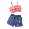Ropa Infantil Baopin Europa y América Amazon Transfronterizo Nuevo Traje de Niña Encaje Hoja de Loto Tirantes Uñas de Cuentas Shorts de Mezclilla