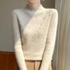 Suéter de Tricô de Gola Alta para Outono e Inverno 2025, Pronta para Vestir, de Alta Qualidade, para Mulheres com Strass, Top Camisa Base Listrada Pulôver