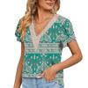 Amazon 2023 Europa y Estados Unidos comercio exterior transfronterizo primavera y verano nuevo encaje dorado cuello en V manga corta pétalo flor camiseta top