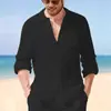 Nova Camisa de Linho Masculina de Manga Longa, Camisa Casual de Praia com Caimento Solto e Colarinho, Camisa Lisa de Manga Longa