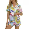 Novo Conjunto de Pijama Feminino de Verão Europeu e Americano da Amazon com Gola Lapela Estampada Conjunto de Duas Peças com Shorts Estampados Digitais de Manga Curta