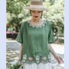 Nuevo de este año de Algodón y Lino de Manga Corta para Mujer Bordado Estilo Retro Literario Casual Versátil Holgado Cuello Redondo Verano Cómodo Estilo Delgado