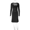 Estilo Europeo para Mujer Invierno Nuevas Llegadas Ribete de Encaje Moda Cuello en U Manga Larga Top Ajustado Traje de Falda Corta