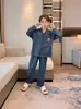 Pijama de Poliéster y Algodón para Niños, Conjunto de Manga Larga y Pantalón Largo para Primavera y Otoño, Adecuado para Niños Mayores, Ropa de Casa tipo Cárdigan Infantil que se Puede Usar Afuera