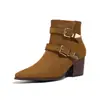 Pedidos Extranjeros de Ebay Otoño e Invierno 2026 Tacones Altos Puntiagudos Hebilla de Cinturón 40-43 Gamuza Tacón Grueso Botines Bajos Británicos para Mujer