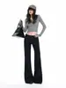 YECHUAN# Pantalones de Traje Negros de Cintura Baja Micro Acampanados para Mujer Petite Temperamento Simple No Ceñidos a las Piernas Pantalones Acampanados Adelgazantes