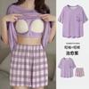Pijama Todo en Uno con Espacio para Almohadilla de Lactancia para Mujer Verano 2025 Nuevo Cárdigan de Manga Corta con Pantalones Cortos Verano Dibujos Animados Talla Grande Ropa para el Hogar