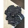 Pijama de camiseta a rayas blancas y negras estilo coreano para mujer, conjunto de ropa de casa de verano puro y sexy con manga larga y shorts, se puede usar afuera