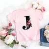Camiseta rosa niña letra flor linda estilo ins dulce top manga corta creativa verano 2022 transfronterizo