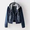 Jaqueta Jeans Solta para Mulheres de Comércio Transfronteiriço, Estilo Coreano Outono e Inverno, Forrada com Lã, Engrossada, Manga Longa, Jaqueta com Capuz Slim Fit para Estudantes