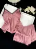 Pijama Feminino Novo Estilo Primavera e Verão, Lingerie Sexy com Alças Finas e Decote V, Costas Bonitas, Conjunto de Cinco Peças com Bojo, Roupa de Casa de Seda