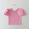 Estilo Coreano Roupas de Bebê e Crianças Meninas Verão Cor Sólida Alça Cruzada Manga Bufante Algodão Casual Top Doce Manga Curta Camiseta