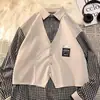Camisa de trabalho estilo americano, falsa peça dupla, manga longa para homens, marca da moda primavera e outono, jaqueta de camisa casual preta estilosa e de corte solto