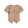 Verão Estilo Americano Retrô Gola Quadrada Clavícula Manga Curta Camiseta Feminina Meninas Quentes Slim Fit Emagrecedor Design de Botão Top Curto