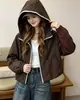 Chaqueta Corta con Capucha para Mujer Estilo Nuevo Otoño 2026 con Costuras Visibles, Estilo Coreano Holgada con Cordón, Chaqueta de Moda con Cremallera para Mujeres Pequeñas