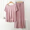Conjunto de Pijama Casual Duas Peças Feminino de Modal com Gola Redonda e Manga Curta com Calça de Perna Larga Roupas de Casa Tamanho Plus Size Solto