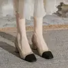 Salto Alto Estilo Tweed com Combinação de Cores para Mulheres 2025 Nova Coleção Primavera & Outono Sapatos Francês de Boca Rasa Couro Macio Salto Médio Salto Grosso