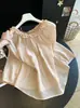 Blusa de punto con cuello de encaje tridimensional estilo francés, hombros descubiertos, manga larga, top fino y holgado para el verano, protección solar, color rosa nude.