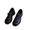 Versão Couro de Vaca ~ Mocassins de Bico Redondo com Fivela de Cinto Estilo Britânico Retrô Salto Grosso Sapatos de Couro Pequenos Versátil Slip-On