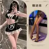 Lencería sexy para mujer, vestido de sirvienta de tres puntos con bragas de entrepierna abierta, uniforme de encaje y lazo