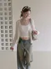 Jaqueta blusa solta branca com decote V para mulheres, estilo verão, casual e emagrecedora, proteção solar, manga longa, cardigã de malha fina