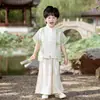 Roupas Antigas Chinesas para Crianças, Conjuntos de Verão de Manga Curta para Meninos, Trajes Tang Estilo Chinês Novos para Meninas, Roupas de Performance para Jardim de Infância