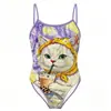 Traje de Banho Lycra de Camada Única Estilo Fofo Desenho Gato de Chá de Leite Estampa Profissional de Corrida Corpo Inteiro Feminino Especial para Piscina