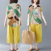 Foto Real del Conjunto Casual de Moda Suelta de Verano 2026 para Mujer: Conjunto de Dos Piezas: Camisa Pintada + Pantalones Anchos de Algodón y Lino