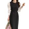 Chic Coreano2026 Primavera y Verano Estilo Francés Color de Bloqueo Ligero Maduro y Elegante Vestido Largo de Manga Larga con Lazo en la Cintura Adelgazante para Mujer