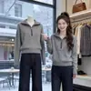 Suéter casual con media cremallera y cuello alto, nueva colección de otoño, talla grande, prenda exterior súper elegante y de corte holgado para mujeres de talla grande