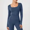 Camiseta Esportiva U-neck Cross Yoga Feminina Slimming Fitness Top Ombros Livres Estilo Americano Manga Longa Roupa de Yoga