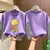 Camiseta de manga longa respirável de algodão puro para meninos, camada base para primavera e outono, novo visual estiloso de duas peças, top estampado versátil