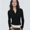 PRETY Ropa de punto de lujo de alta gama con cuello en V para mujer, corte entallado, cuello Henley, capa base, ropa interior de lana