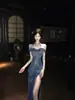 Vestido de Noche Lentejuelas de un Hombro para Mujer, Ceñido a la Cintura, Fruncido, Abertura Alta, Largo, Estilo Sirena, Anfitrión de Reunión Anual, Vestido de Banquete