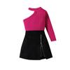 Comercio exterior de Europa y Estados Unidos Amazon traje nuevo de primavera y otoño para niña rayas cuello inclinado manga larga falda de cuero pu en stock