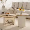 Conjunto de Mesa de Centro Cor de Creme Estilo Francês com Cama para Gato e Armazenamento, Mesa de Centro Oval Pequena de Madeira Maciça, Mesa de Centro Minimalista para Apartamento Pequeno