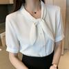 Camisa de Gasa Profesional para Mujer Manga Corta Verano Delgada Lazo Elegante Ropa de Trabajo Moda Vestido Estilo Occidental Camisa Blanca