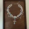 Collar de Cadena para Clavícula de Diamantes de Colores, Perlas y Cruz para Chicas Dulces, Frescas y Picantes, Cadena Multicapa Apilable, Versátil, Sentido de Gama Alta de Nicho para Mujeres