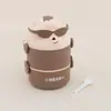 Gafas de Sol de Dibujos Animados Oso Lonchera de Estudiante Apta para Microondas Portátil Infantil Doble Capa Caja de Comida de Plástico para Llevar Lonchera