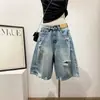 Shorts de Mezclilla Rasgados Estilo A-Line Talla Plus para Mujer, Verano Vintage Estilo Americano Cintura Alta Pierna Ancha Rectos de Longitud Media