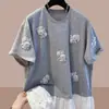 Estilo Nuevo Verano 2026 Diseño Falso de Dos Piezas Cuello Redondo Top Encaje de Moda Empalmado Estilo Coreano Camiseta de Manga Corta